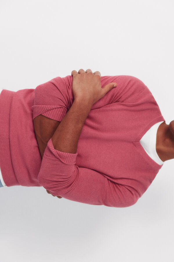 Cortefiel Basic cotton V neck knit jersey-knit Pink