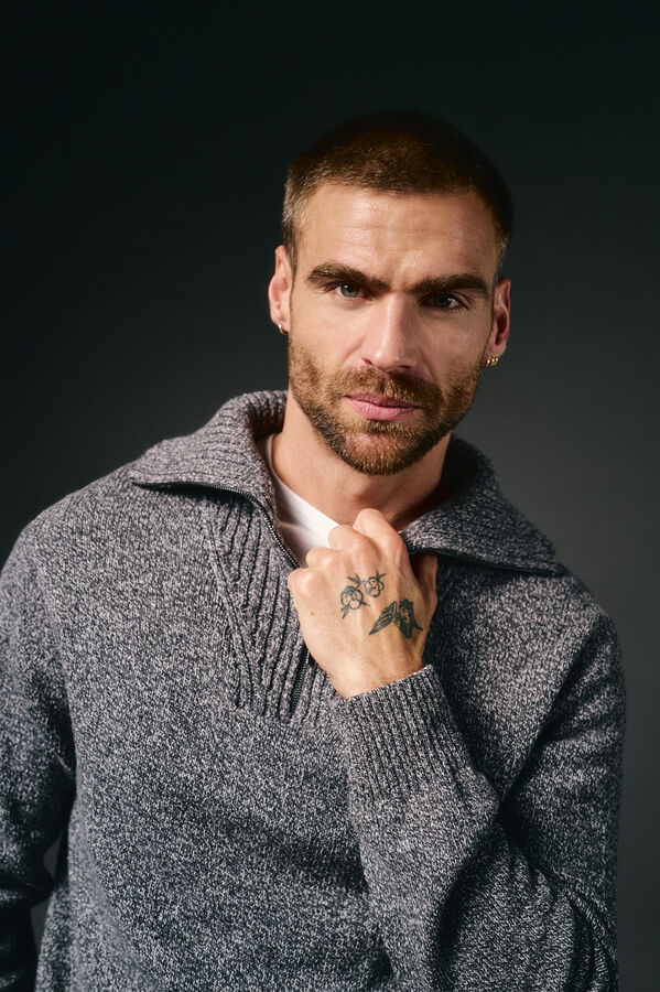 OOTO Suéter de algodão com gola polo e fecho-éclair Cinzento