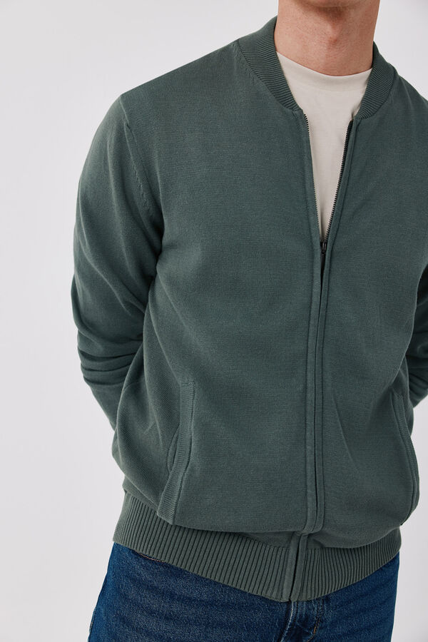 Cortefiel Cotton fine knit zip fastening cardigan Kaki