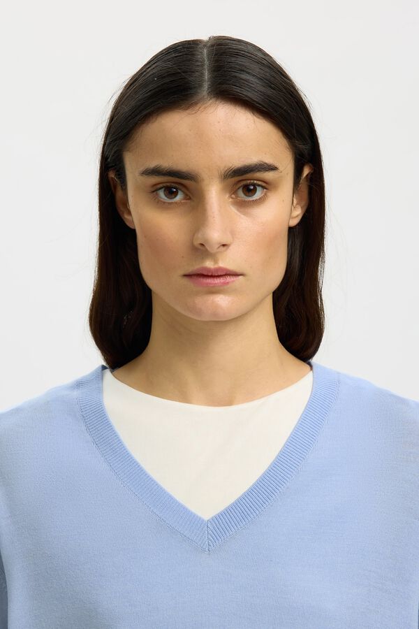 Selected Camisola manga curta em 100% l&atilde; merino Azul