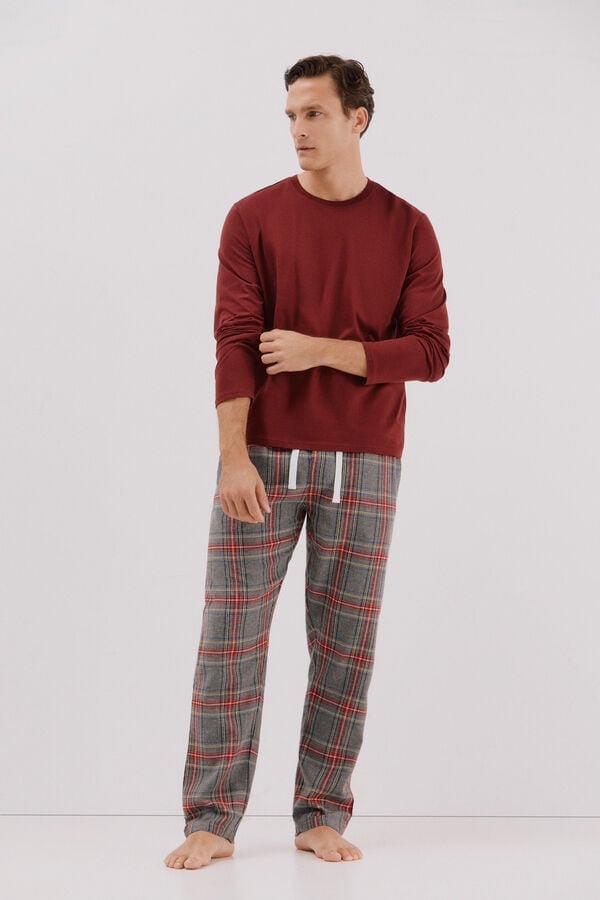 Cortefiel Jersey-knit and cloth pyjama set Maroon