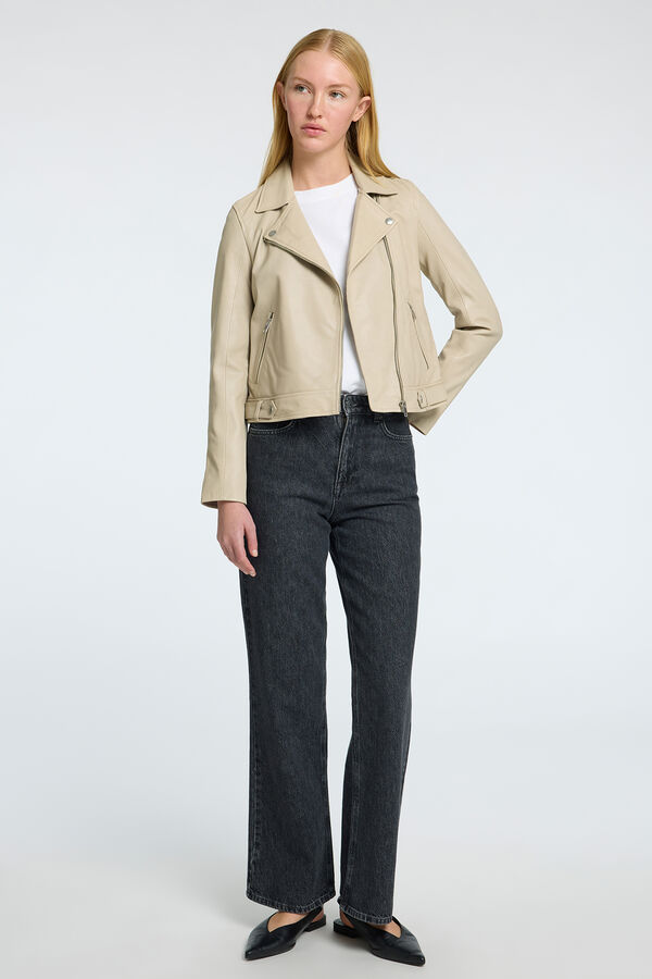 Selected Femme Blusão biker cropped 100% couro. Castanho