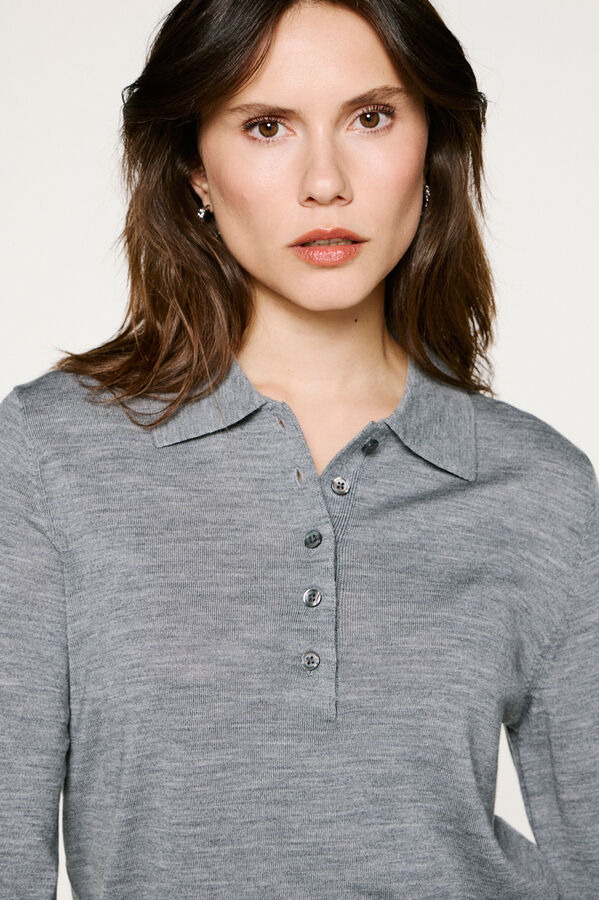 Selected Camisola polo 100% lã merino. Cinzento