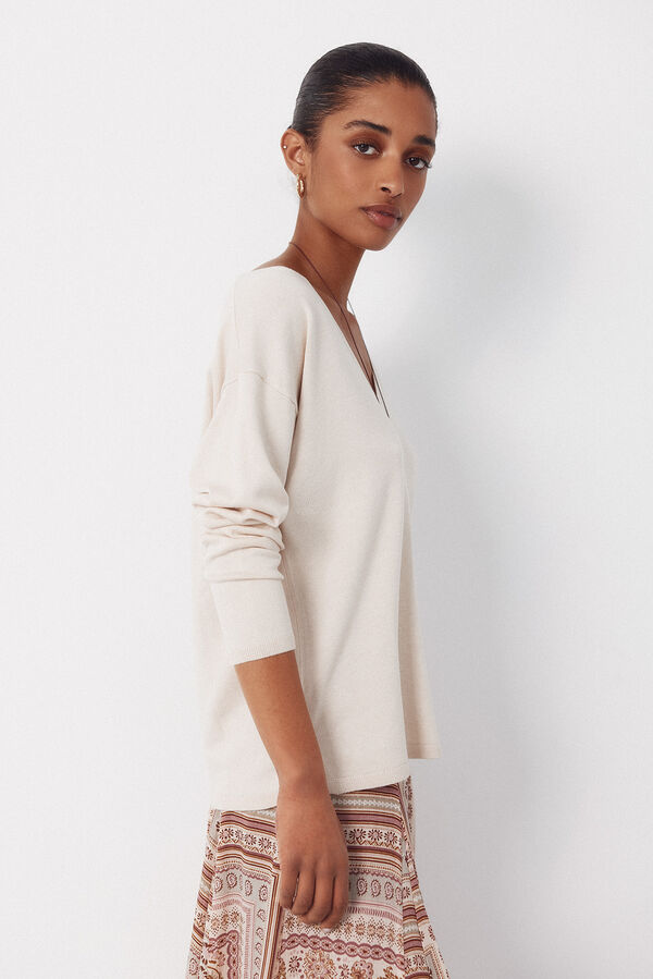 Cortefiel Camisola de malha decote bico Ecru