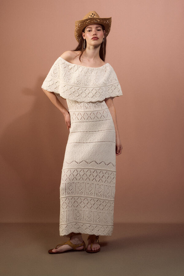 Slowlove Vestido decote rendado com folho Ecru