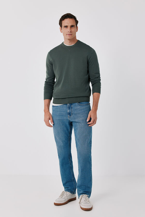 Cortefiel Cotton fine knit round neck jumper Kaki