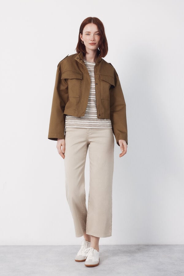 Cortefiel Striped linen -effect t-shirt Kaki