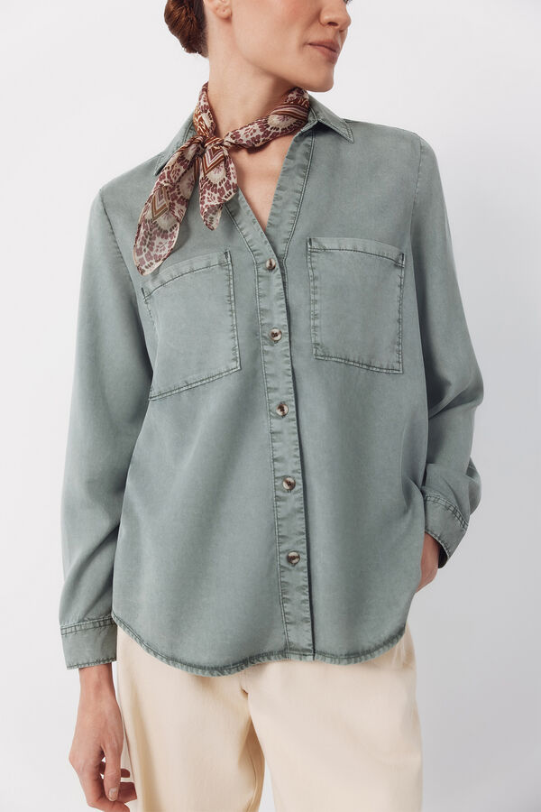 Cortefiel Camisa Vaquera Tencel Kaki