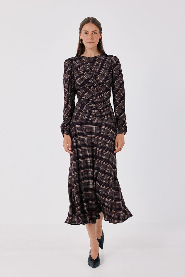 Cortefiel Plaid print ruched dress Printed grey