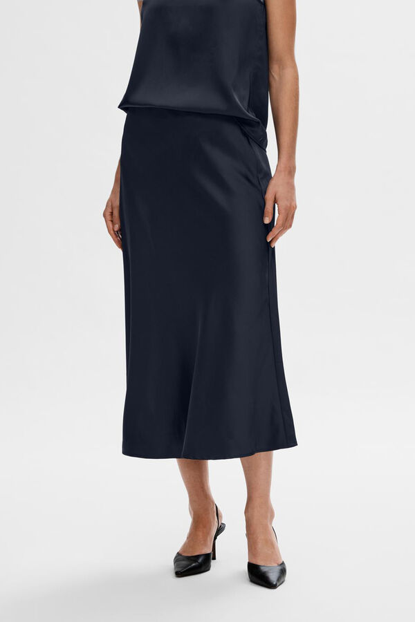 Cortefiel Satin midi skirt made with recycled materials.  Blue