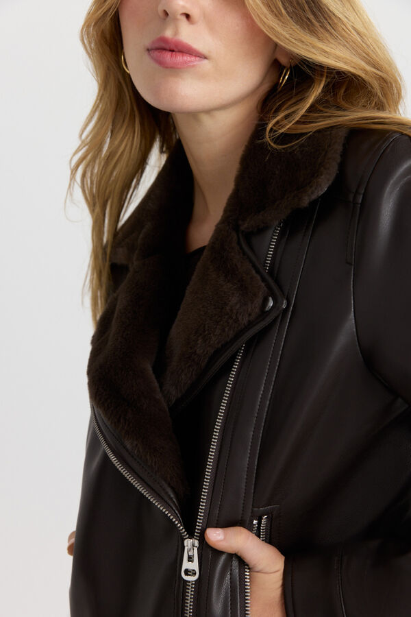 Vero Moda Faux leather jacket with faux fur Dark brown