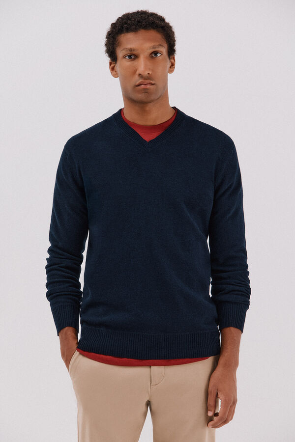 Cortefiel Lambswool round V wool sweater Navy