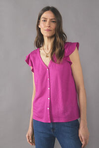 Cortefiel Buttoned V-neck T-shirt Purple