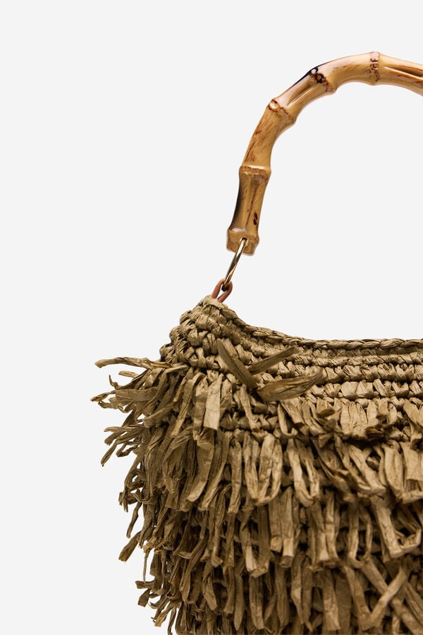 Cortefiel Raffia fringed handbag Kaki