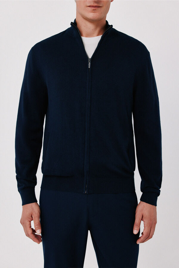 Cortefiel Cotton cashmere knit zip fastening cardigan Navy