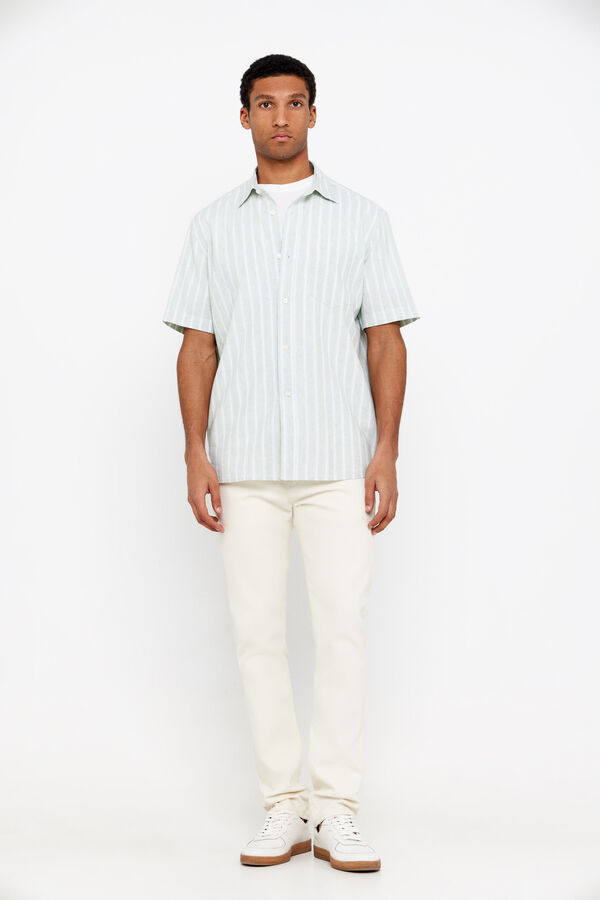 Cortefiel Striped short-sleeved linen and cotton shirt Dark green