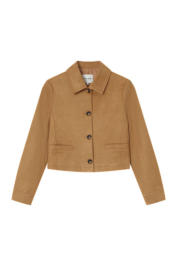 Grace & Mila Short faux suede jacket in camel color Beige