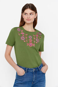 Cortefiel Multicoloured embroidered T-shirt Green