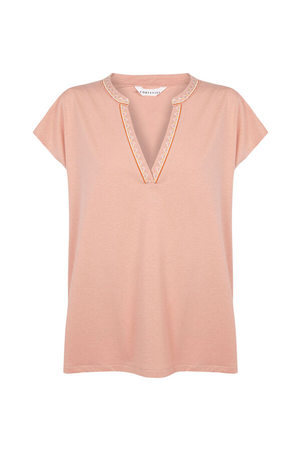 Cortefiel Embroidered T-shirt with mandarin collar Coral
