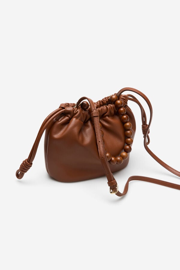 Cortefiel Gathered bag with wooden bead handle Brown