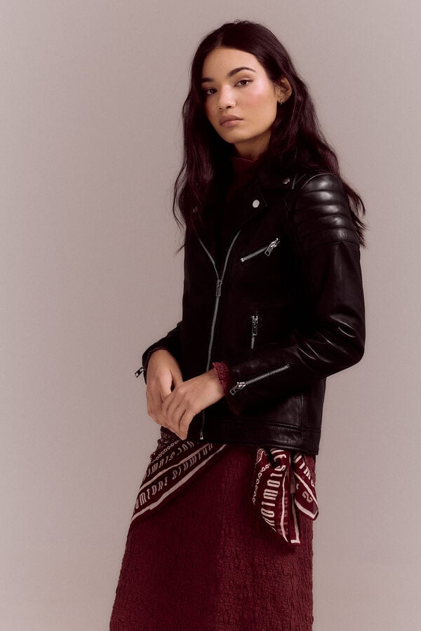 Cortefiel Nappa biker jacket with padded shoulders Black