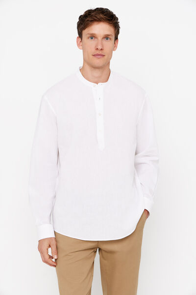 Cortefiel Linen and cotton polo shirt with mandarin collar White