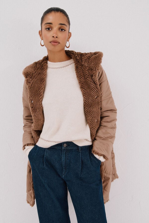 Cortefiel Long reversible faux fur coat Beige