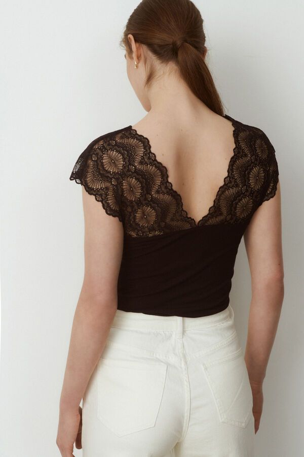 Vila T-shirt canelada com renda Preto