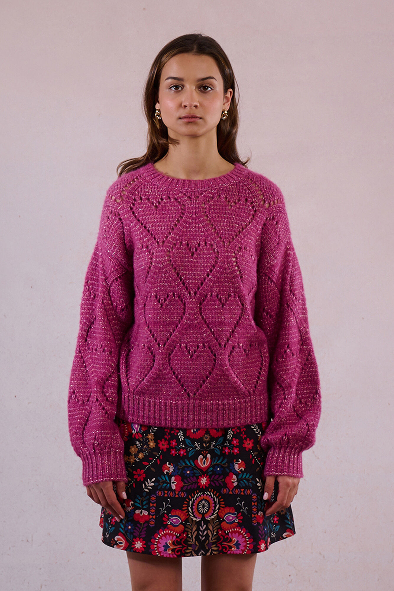 Molly Bracken Camisola de malha malha de manga comprida com cora&ccedil;&otilde;es