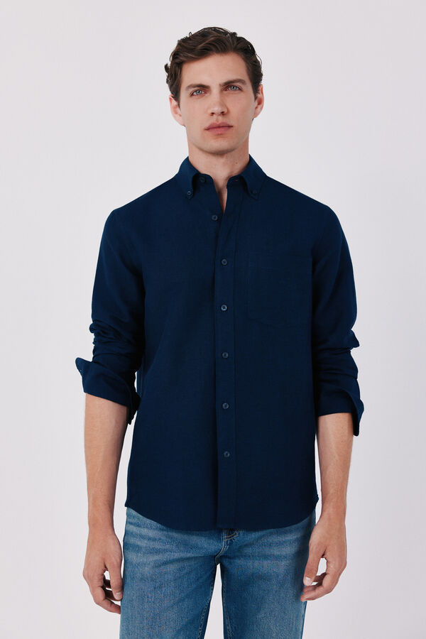 Cortefiel Camisa lino lisa Azul marino