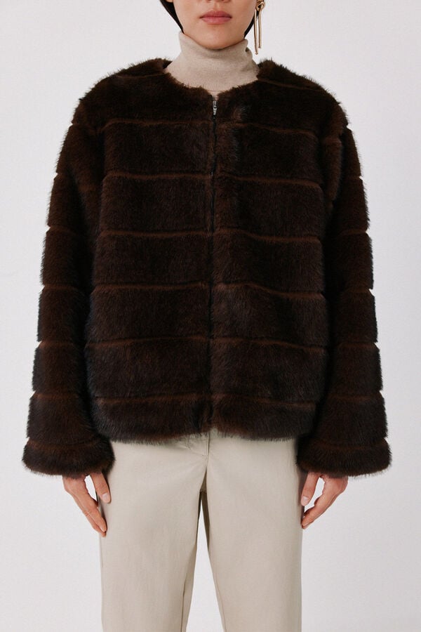 Cortefiel Faux fur short coat Dark brown