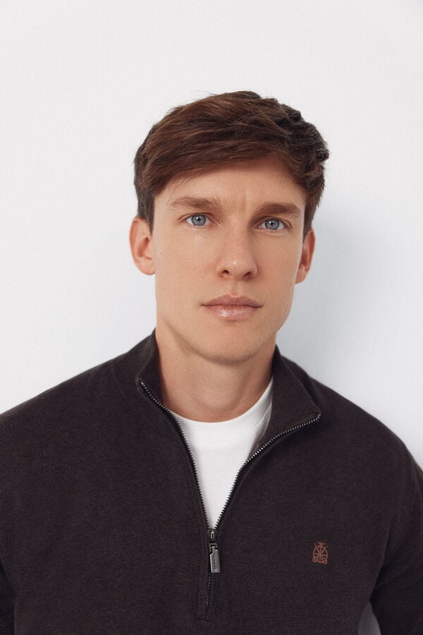 Cortefiel Cotton high neck sweater  Dark brown