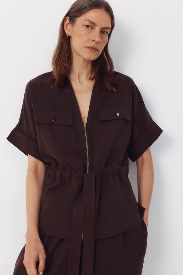 Cortefiel Short sleeve belted shirt Brown