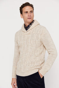 Cortefiel Aran wool shawl neck jumper Ivory