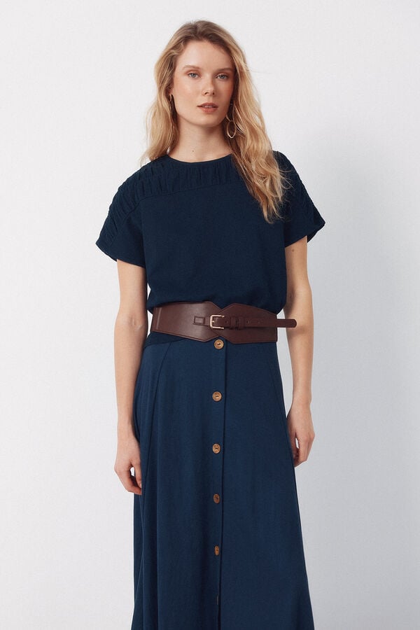 Cortefiel Ruched yoke t-shirt Navy