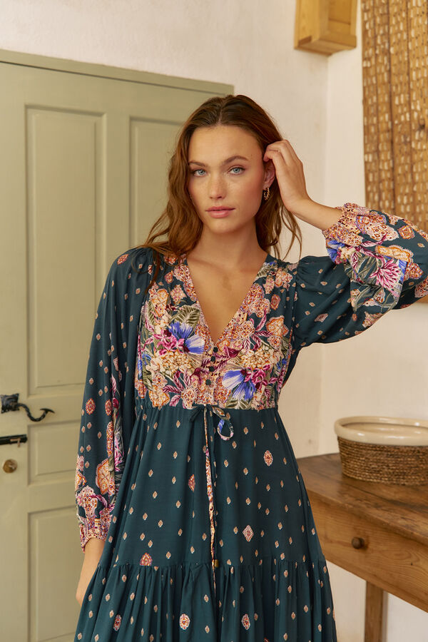 Jaase Vestido longo Teresa com estampado de ruibarbo Azul