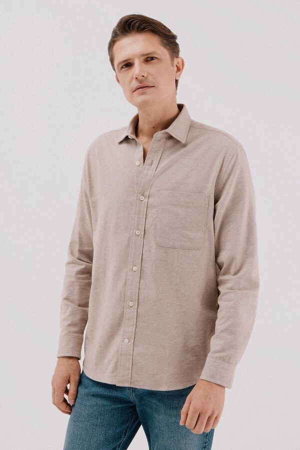 Cortefiel Flannel herringbone shirt Beige