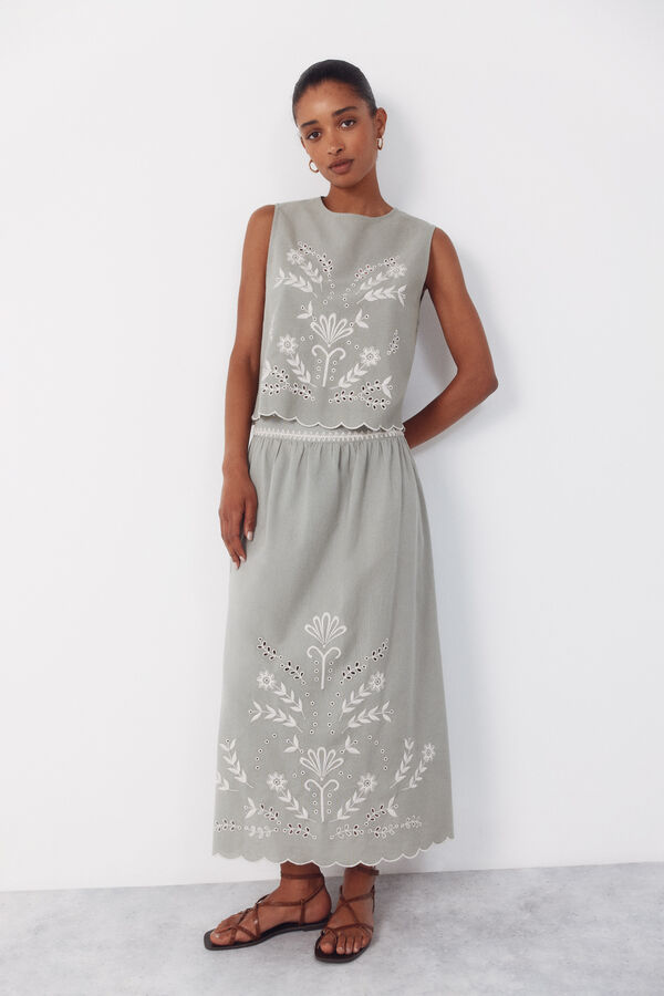 Cortefiel Embroidered top Printed green