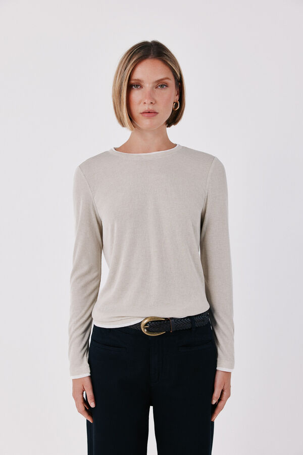 Cortefiel Contrast piping long sleeve T-shirt Nude