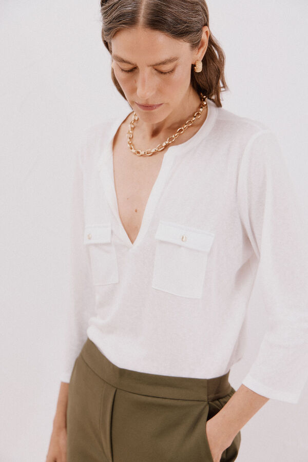 Cortefiel Camiseta cuello mao efecto lino Blanco