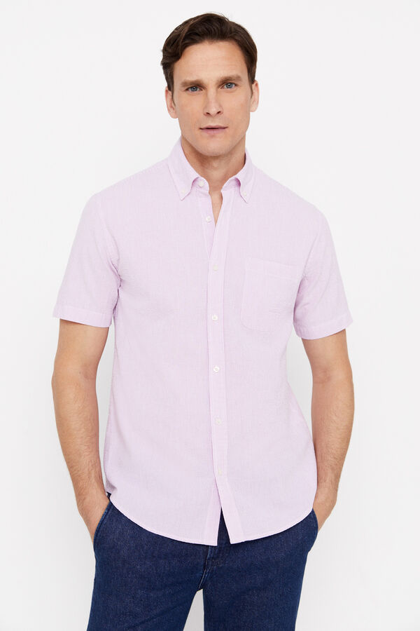 Cortefiel Striped seersucker short-sleeved shirt Pink