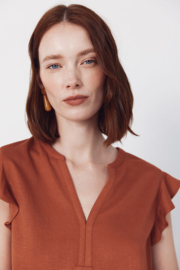 Cortefiel Flounced sleeve t-shirt Brown