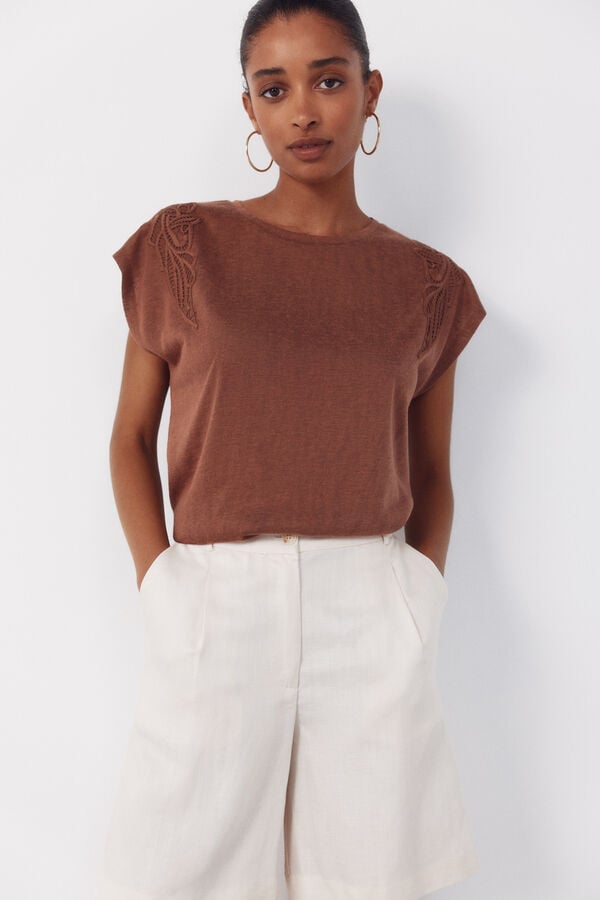 Cortefiel Linen -effect patchwork t-shirt Brown