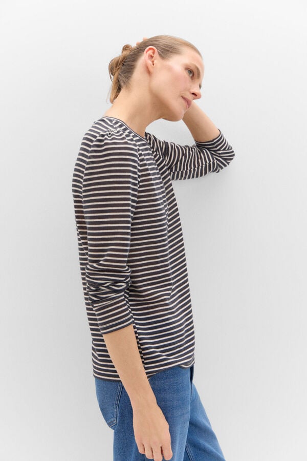 Cortefiel Striped top with gathered sleeves Printed blue