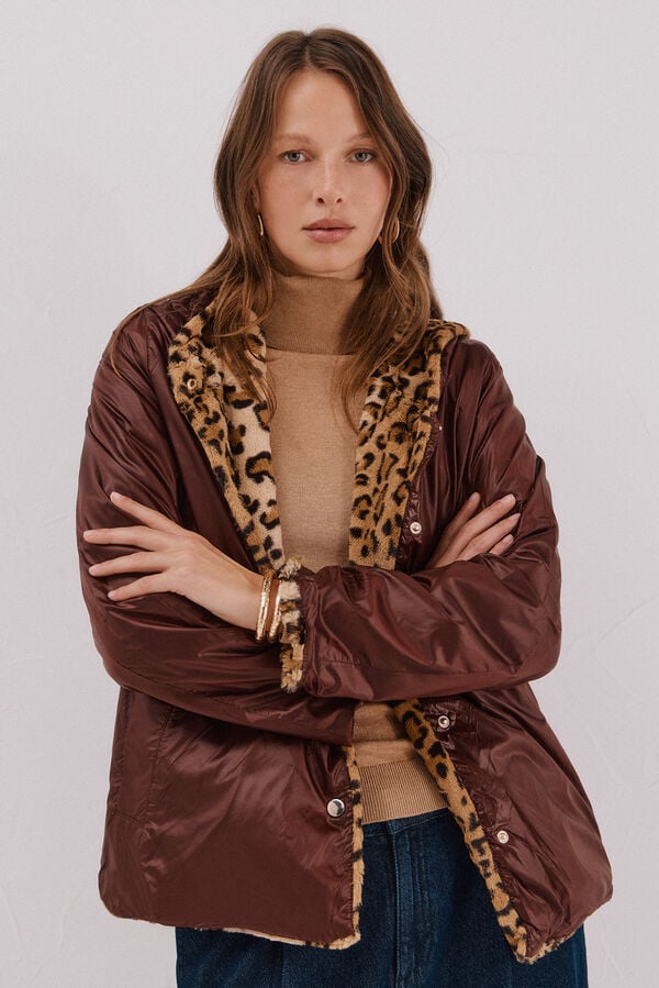 Cortefiel Short reversible faux fur jacket Dark brown