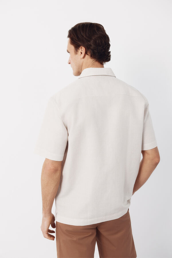 Cortefiel Plain linen cotton bowling collar shirt Beige