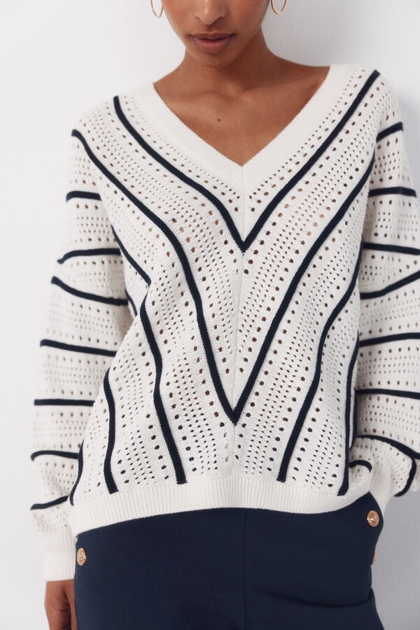Cortefiel Striped openwork jumper Printed blue