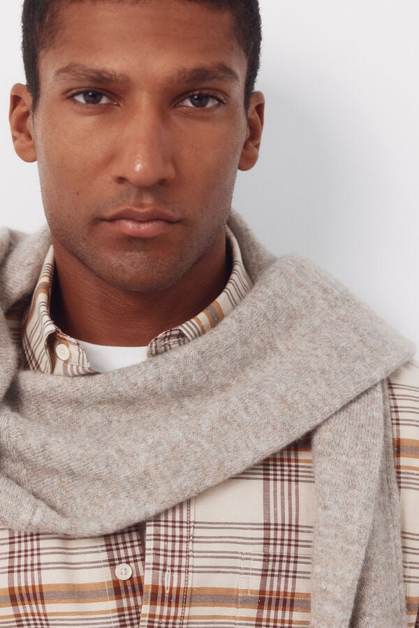 Cortefiel Slub Oxford plaid shirt Beige