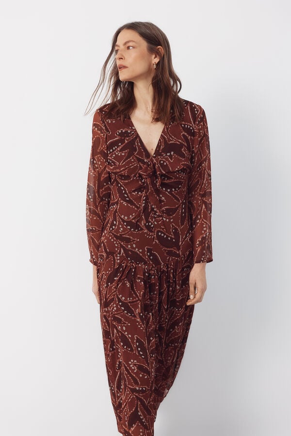 Cortefiel Flowing printed dress Printed brown