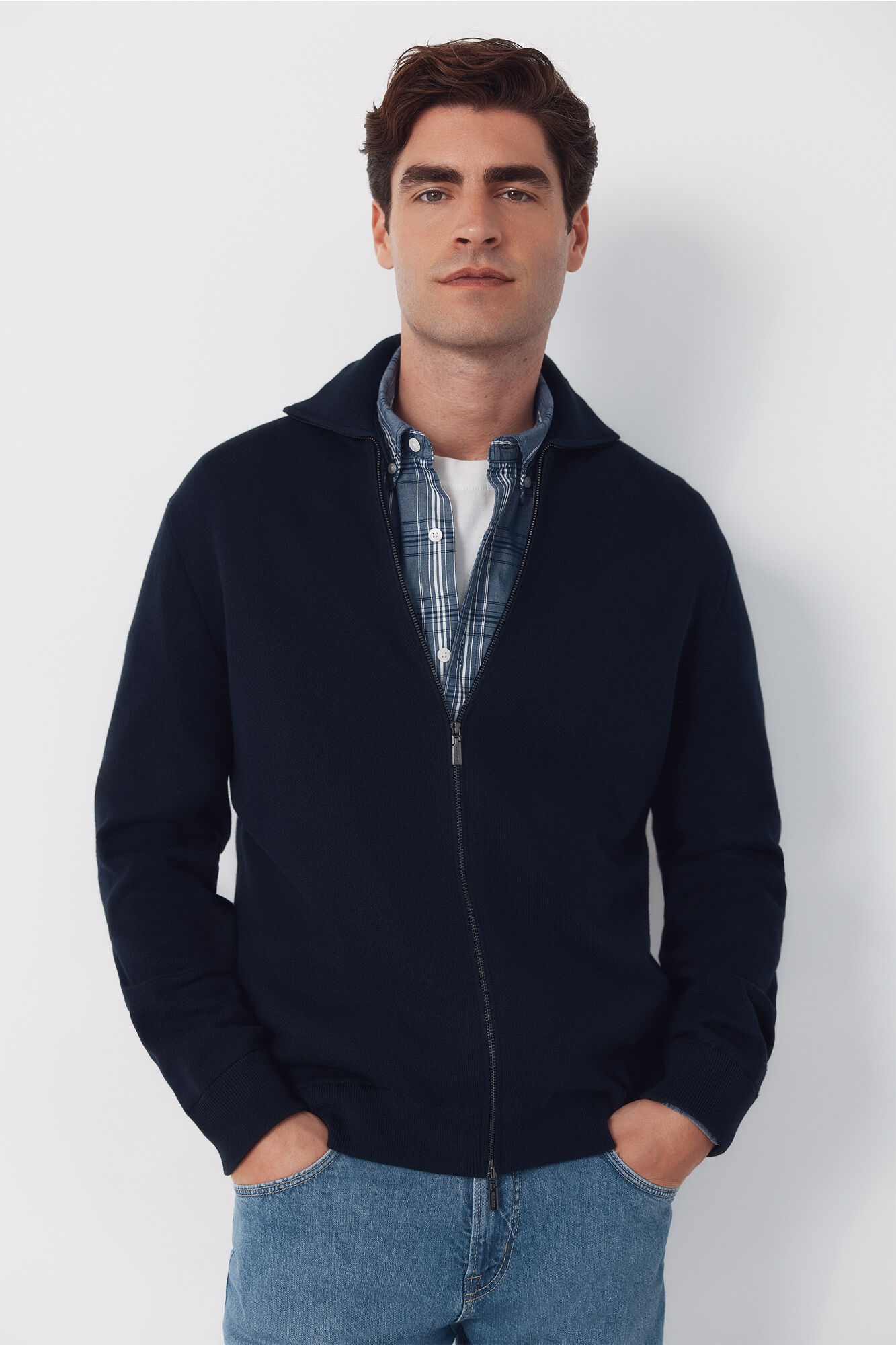 Cortefiel Cotton cardigan with zip fastening and polo shirt neck